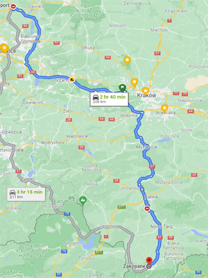 route between Katowice Airport and Zakopane route between Katowice Airport and Zakopane