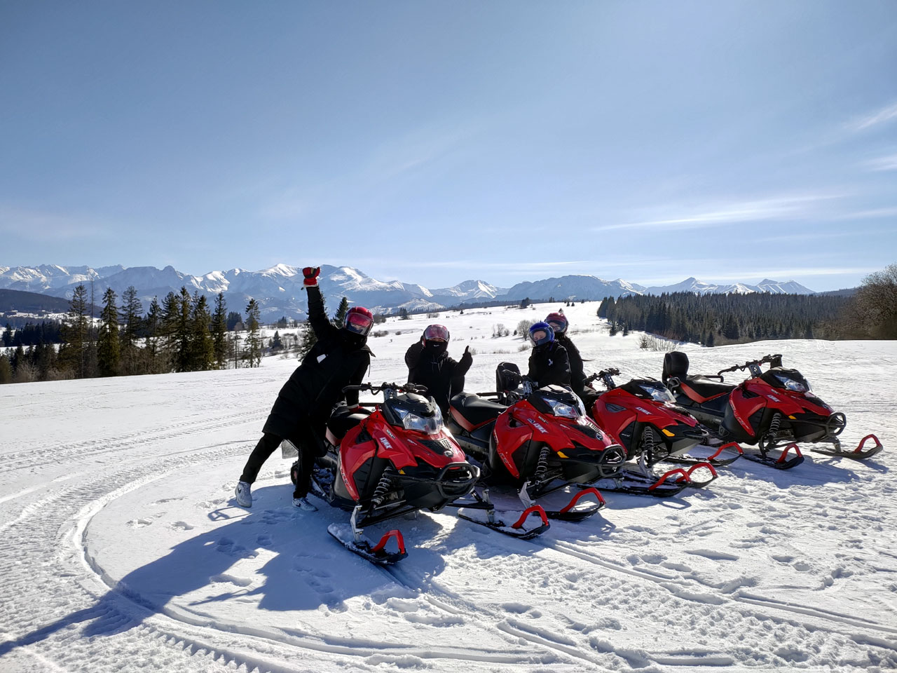 Group of snowmobiles in Polish Mountainas